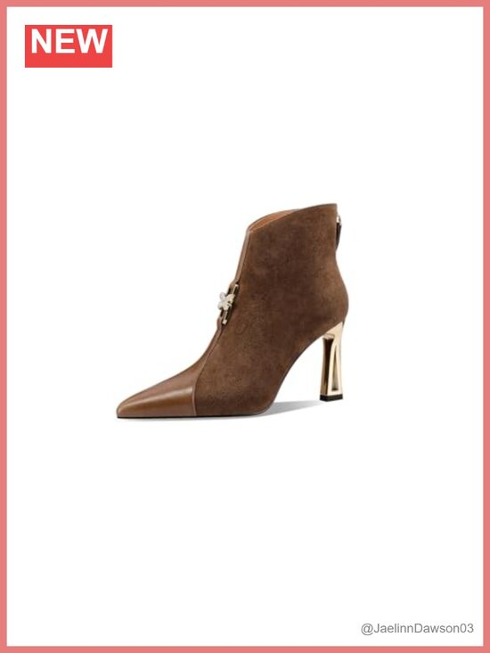 Shoes - Pointed Toe Suede Leather High Heel Zip Ankle Bootie